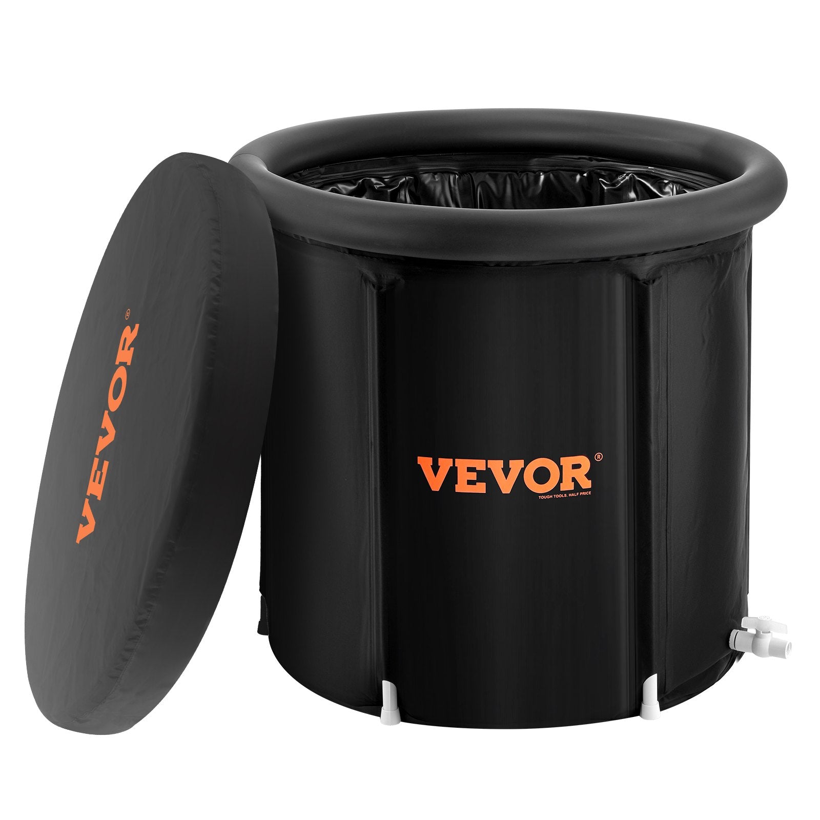 Black inflatable ice bath tub with hinged lid and drain valve connection on side
