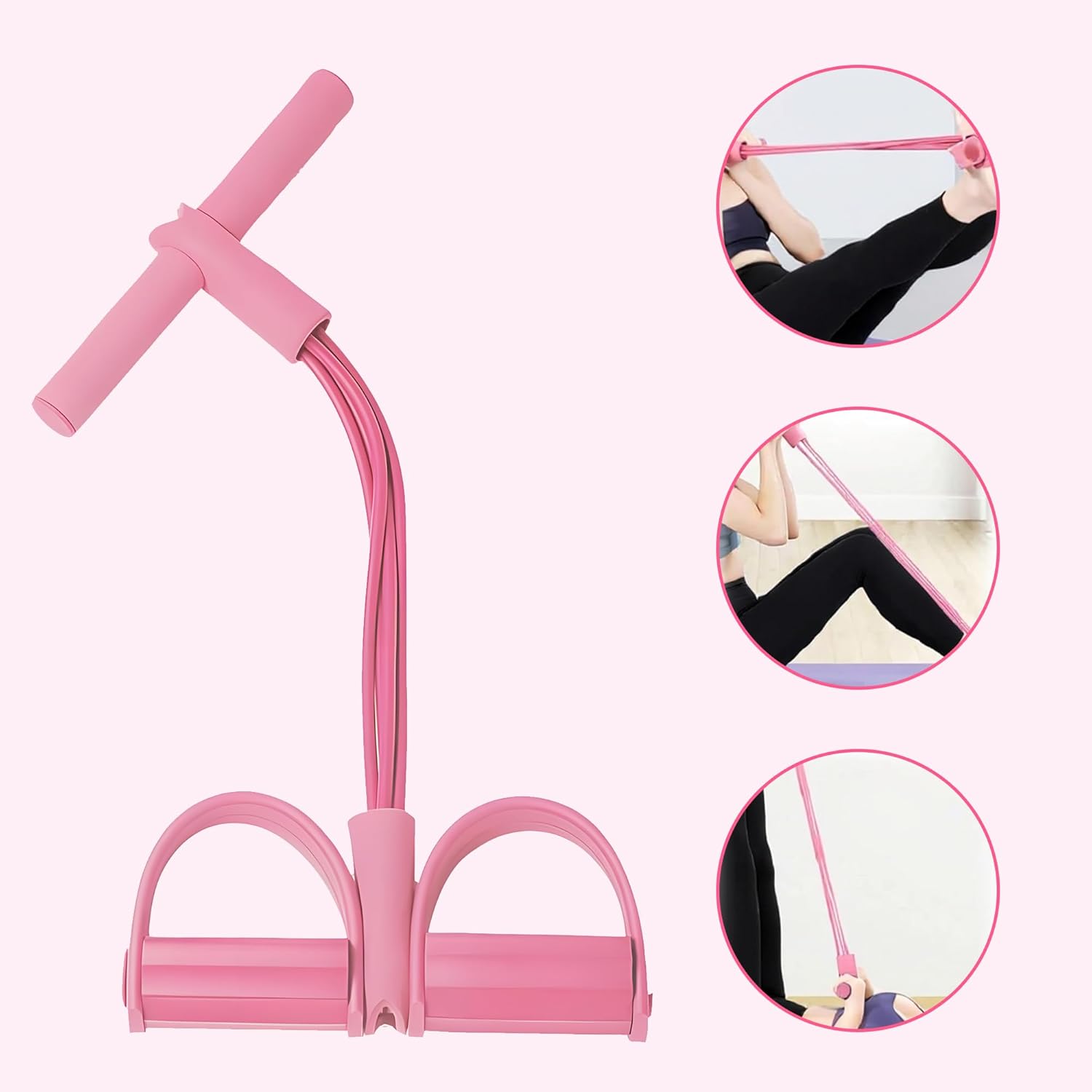 Pink 4-tube pedal resistance stretching band with padded footrests and handle bars