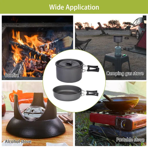Grey camping pots set shown with portable stove and cookware for outdoor cooking