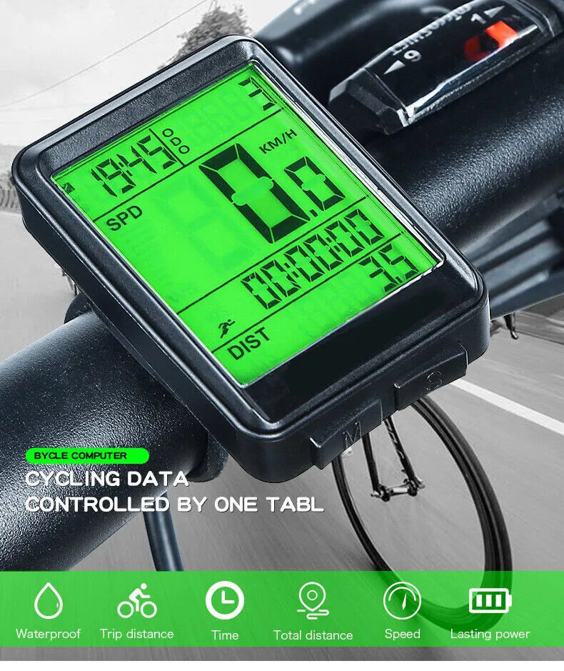 Bicycle speedometer/odometer LCD display showing speed, time, and distance readings