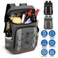Grey insulated cooler backpack with open front panel and insulated window, multiple bottles inside