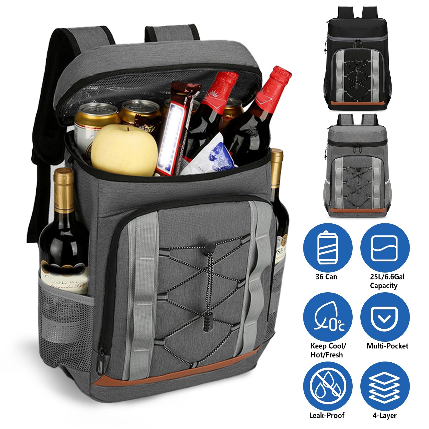 Grey insulated cooler backpack with open front panel and insulated window, multiple bottles inside