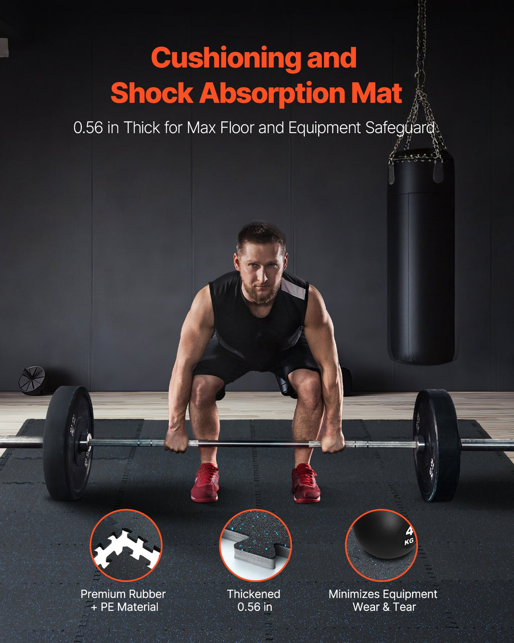 Dark gray thick cushioned gym floor mat with textured interlocking edges
