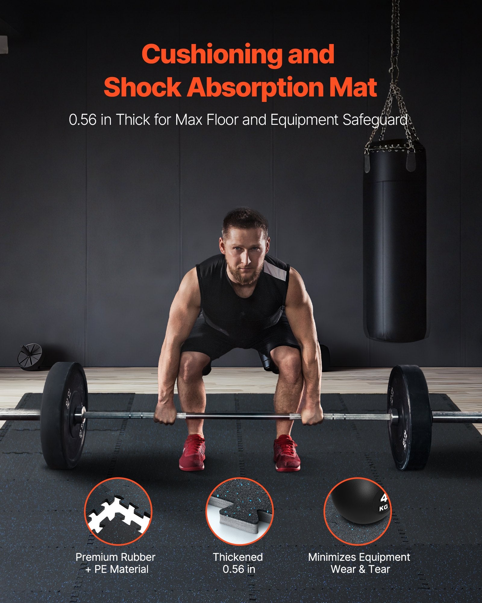 Dark gray thick cushioned gym floor mat with textured interlocking edges