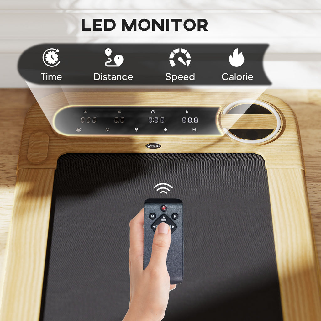 Wood walking treadmill control console with LED display and handheld remote, close-up