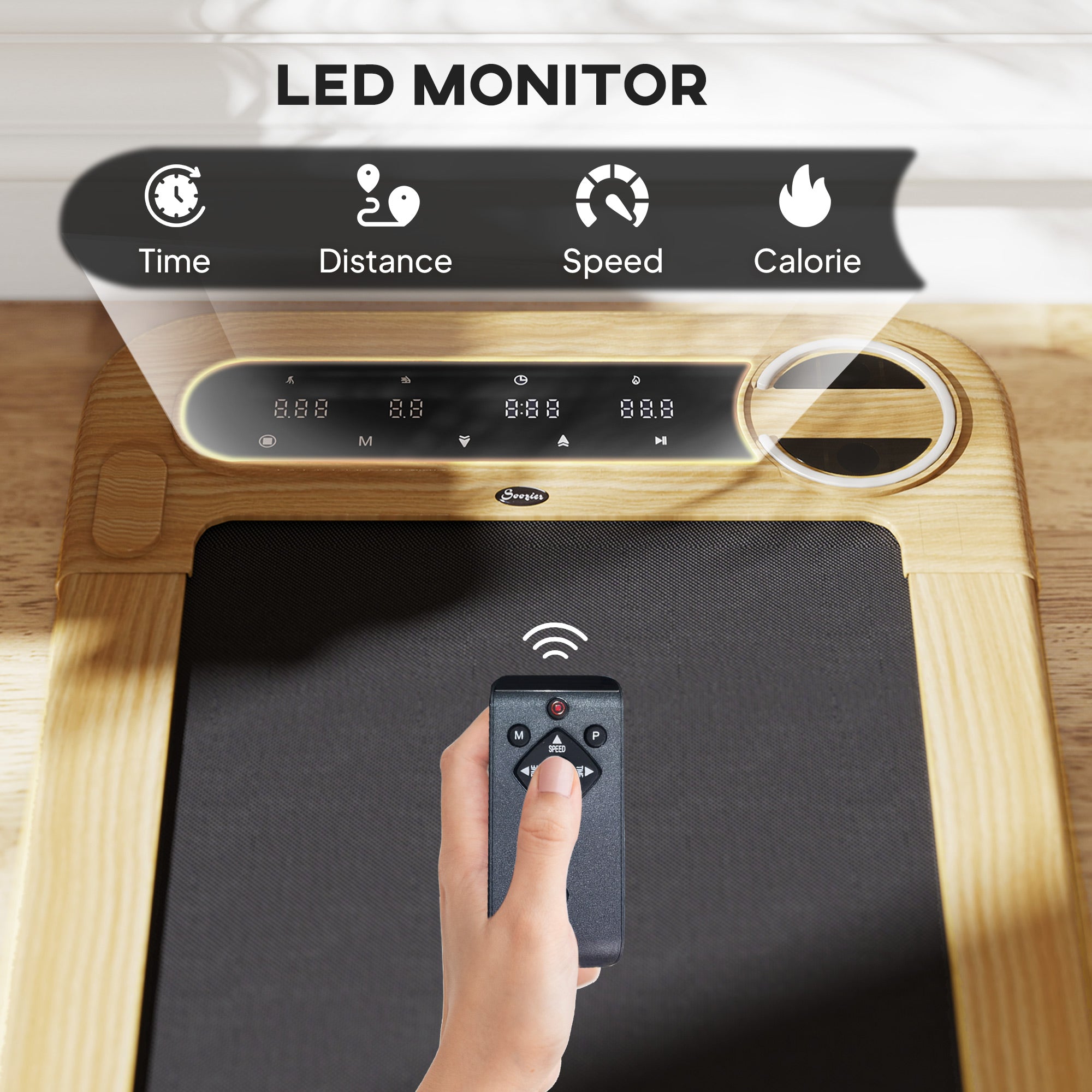 Wood walking treadmill control console with LED display and handheld remote, close-up