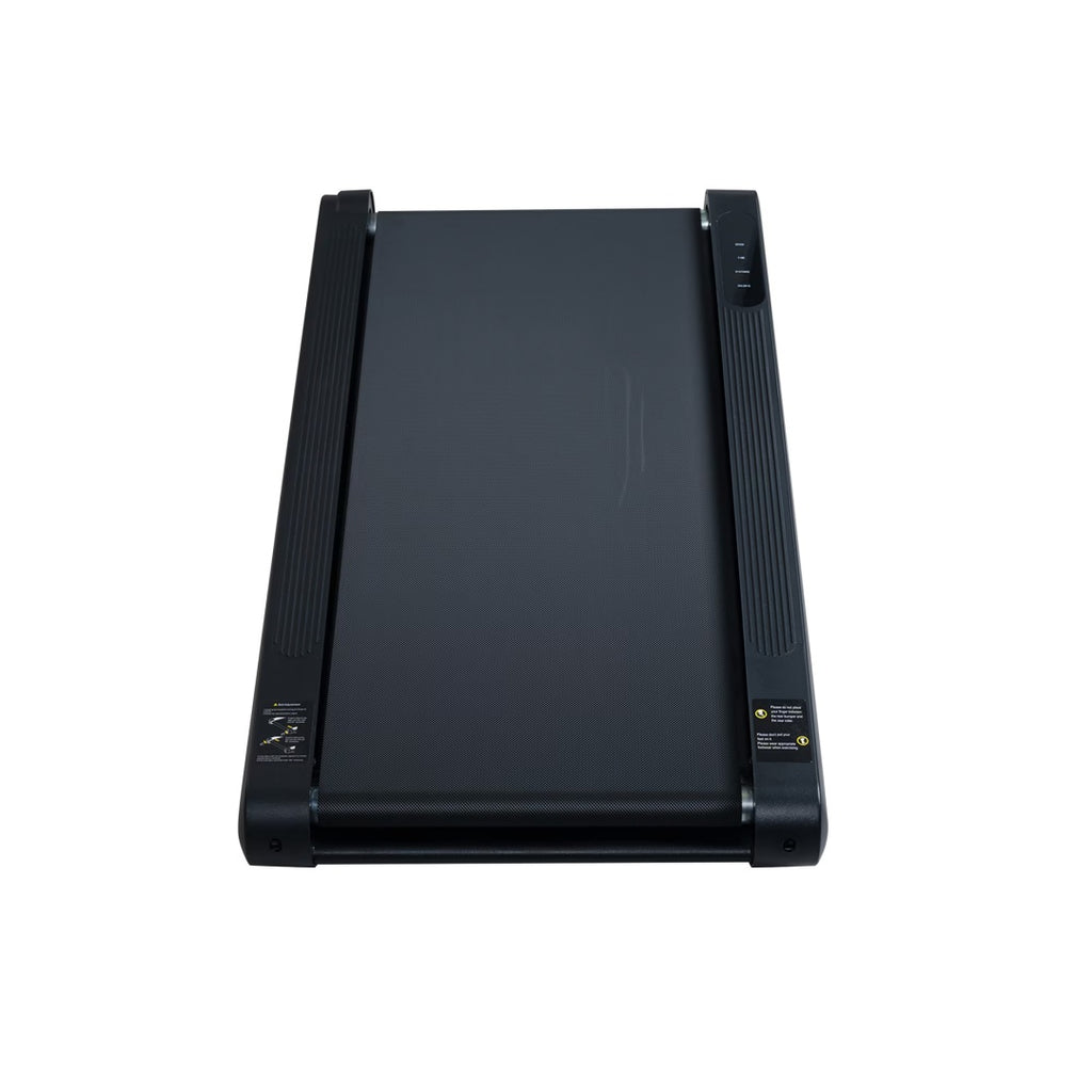 Black folding walking pad treadmill deck with side rails and textured grip surfaces