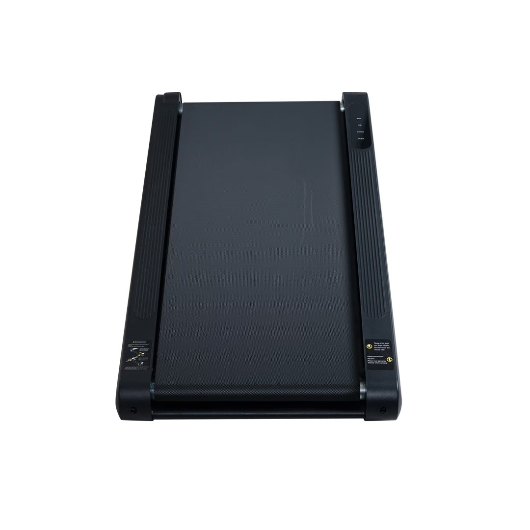 Black folding walking pad treadmill deck with side rails and textured grip surfaces
