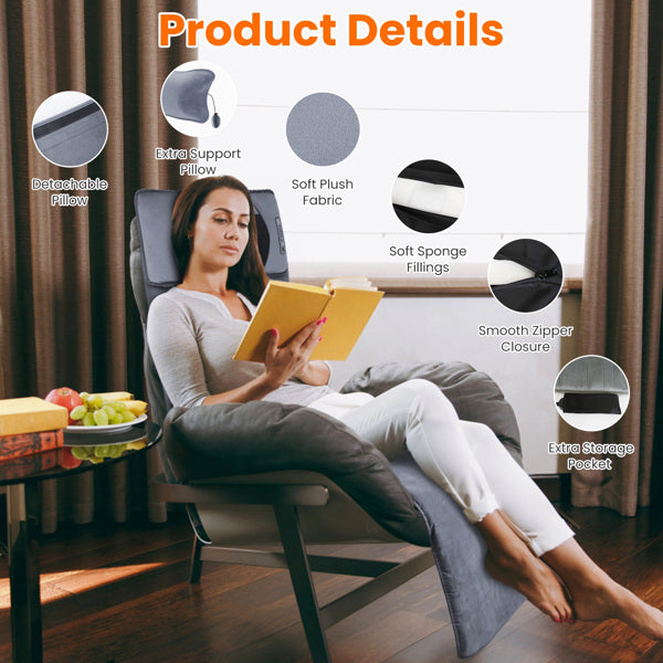 Grey massage cushion details: detachable neck pillow, smooth zipper closure, storage pocket