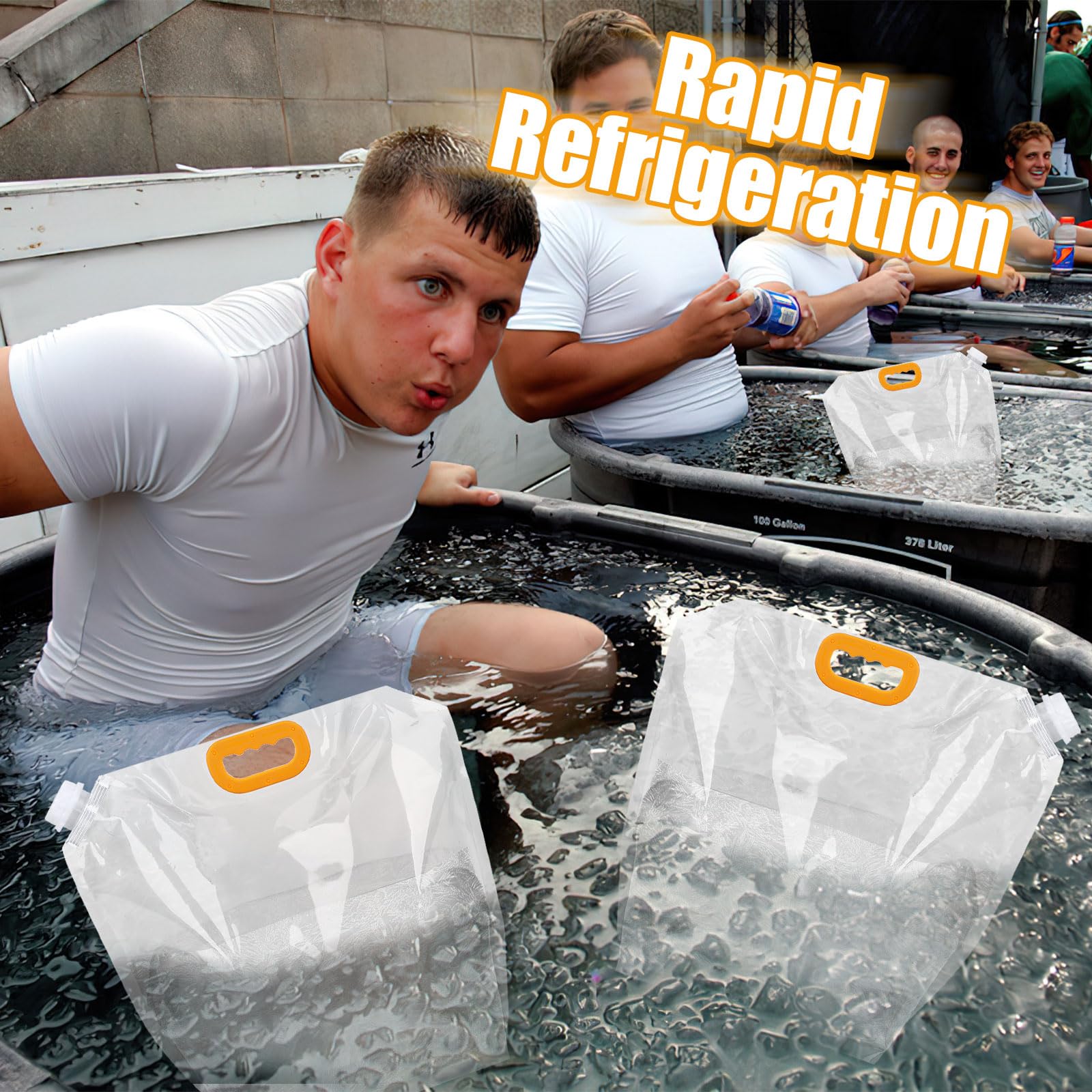Two large ice bath bags in a cold plunge tank, clear white plastic with orange handles