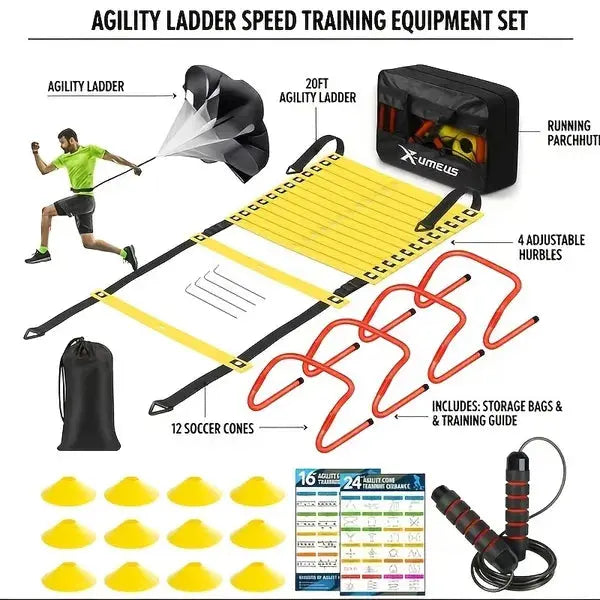 Yellow agility ladder speed training set with red hurdles, cones, and black storage bags