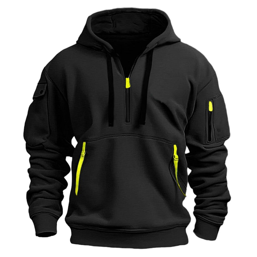 Oversized black hoodie with hood, drawstring, kangaroo pocket, neon-yellow sleeve zip pockets