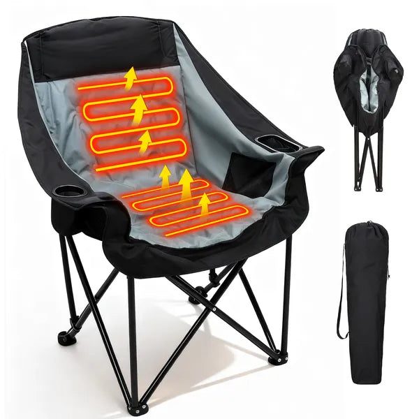 Oversized heated camping chair with glowing red heat pads, dark foldable frame and arms
