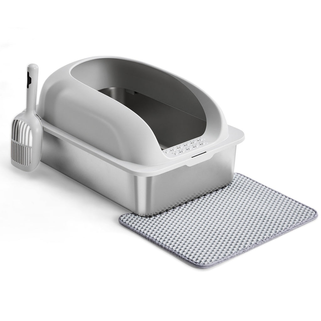 Large cat litter box with lid, white hood and base, textured litter mat included