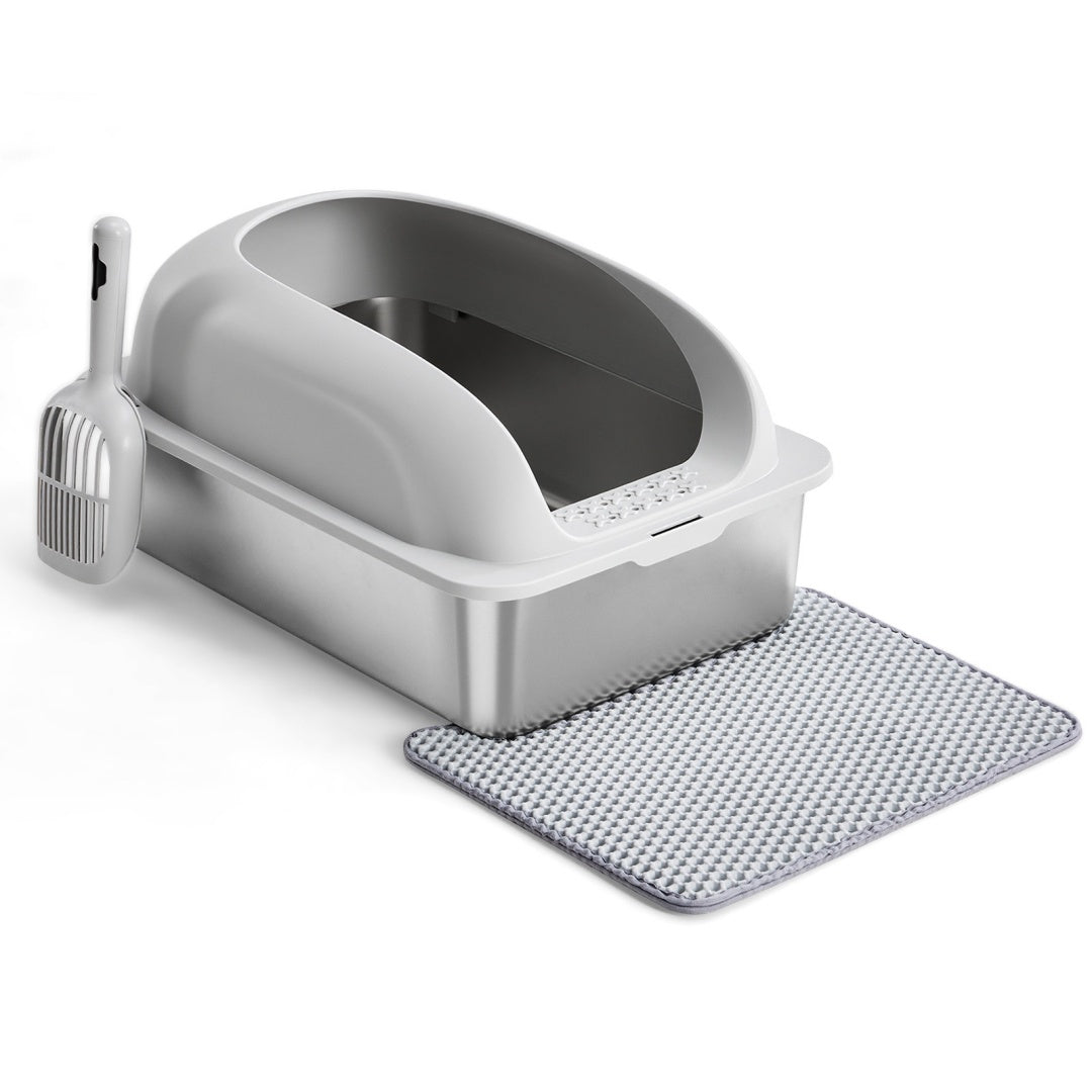 Large cat litter box with lid, white hood and base, textured litter mat included