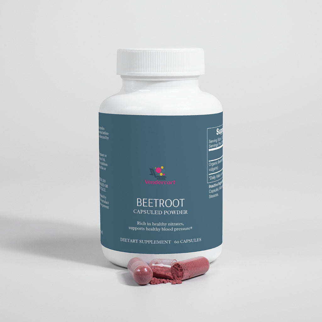 Beetroot capsuled powder bottle with pink beet capsules and loose powder inside cap