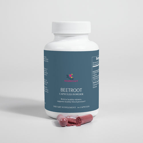 Beetroot capsuled powder bottle with pink beet capsules and loose powder inside cap