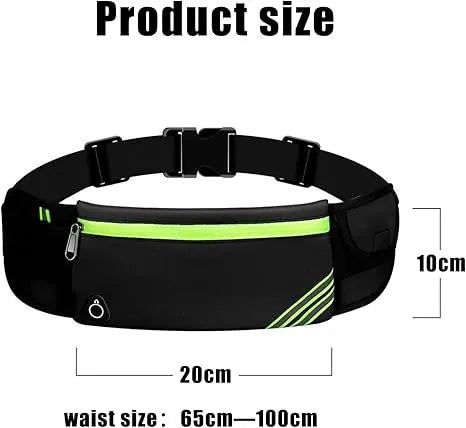 Black reflective running belt waist pack with neon green band, adjustable waist strap.