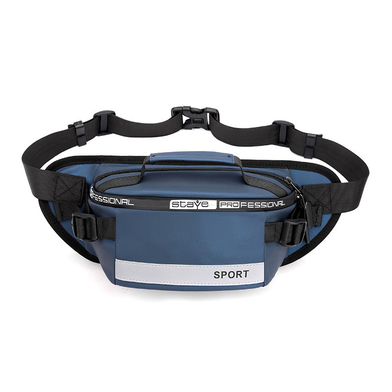 Reflective waist bag with adjustable belt straps, zip front pocket, blue