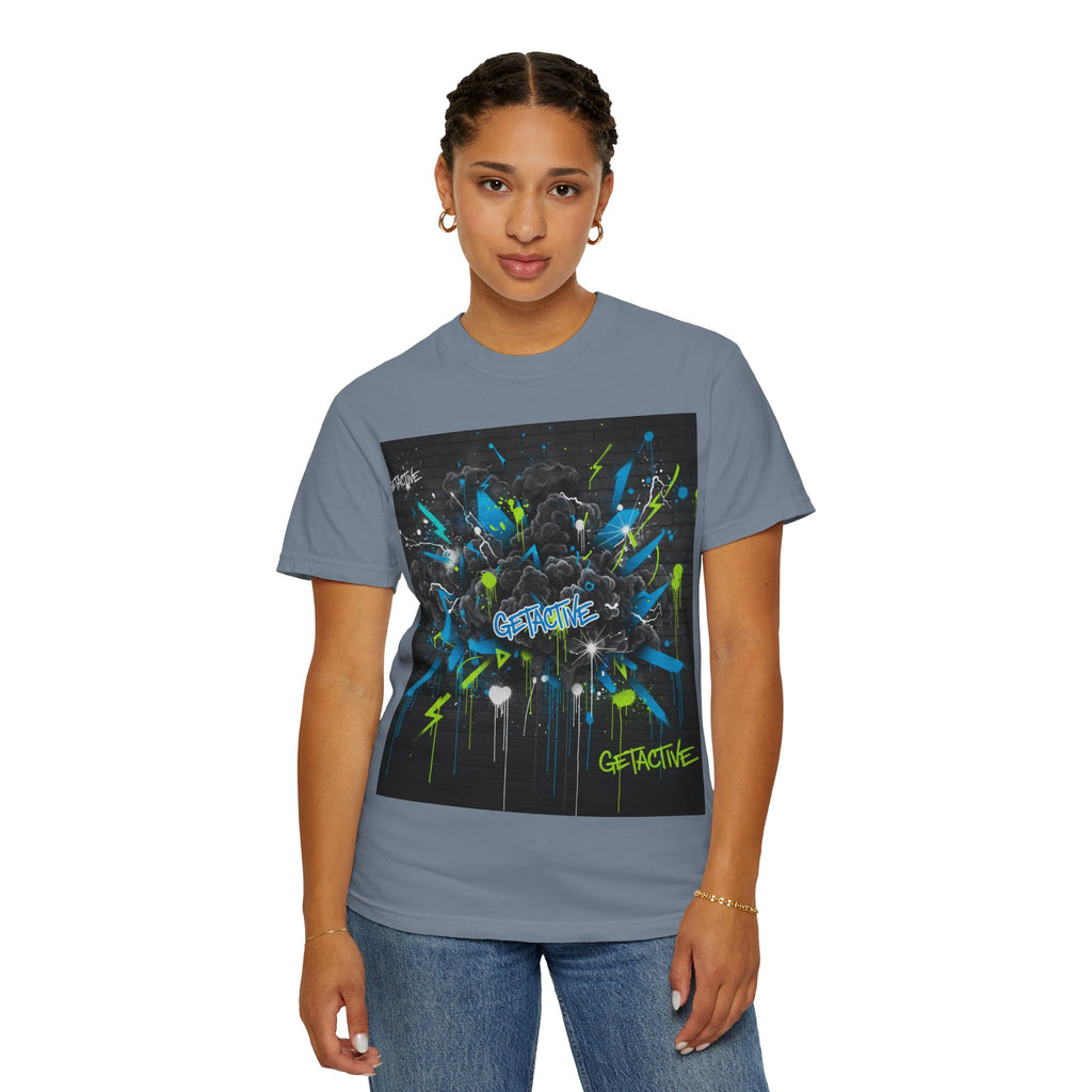 Blue Spruce graphic T-shirt with square neon splash artwork and “GETACTIVE” wordmark
