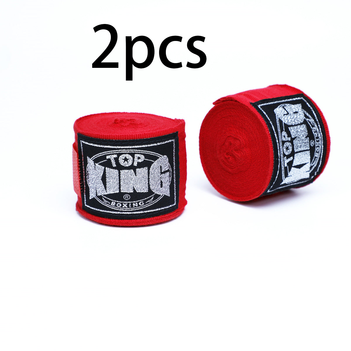 Pair of boxing hand wraps with Top KING logo, red wrist and knuckle protection bandages.