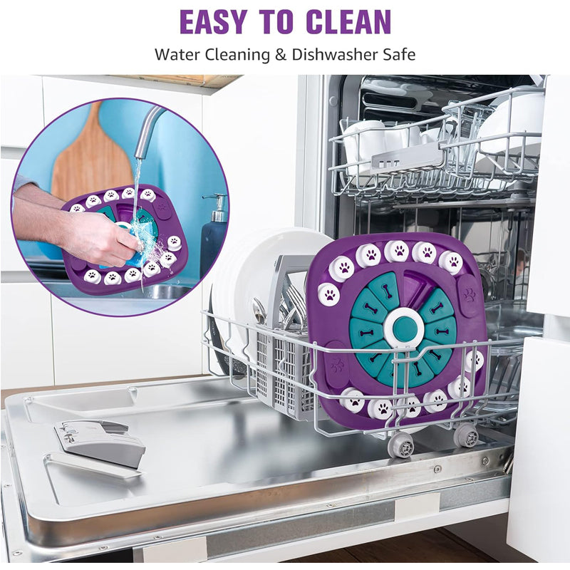 Purple interactive dog puzzle toy partially disassembled for cleaning, with teal insert