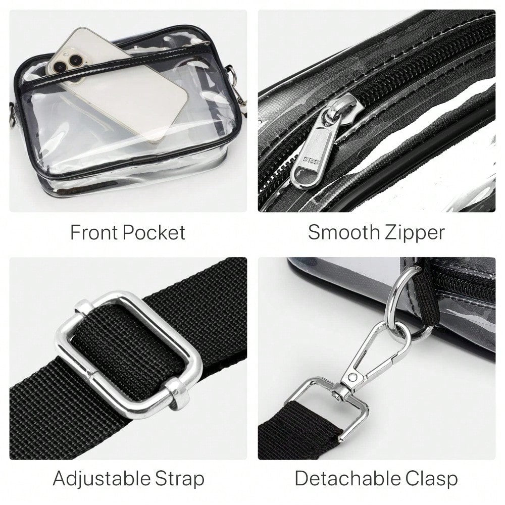 Black clear crossbody bag close-up: front pocket, smooth zipper, detachable clasp