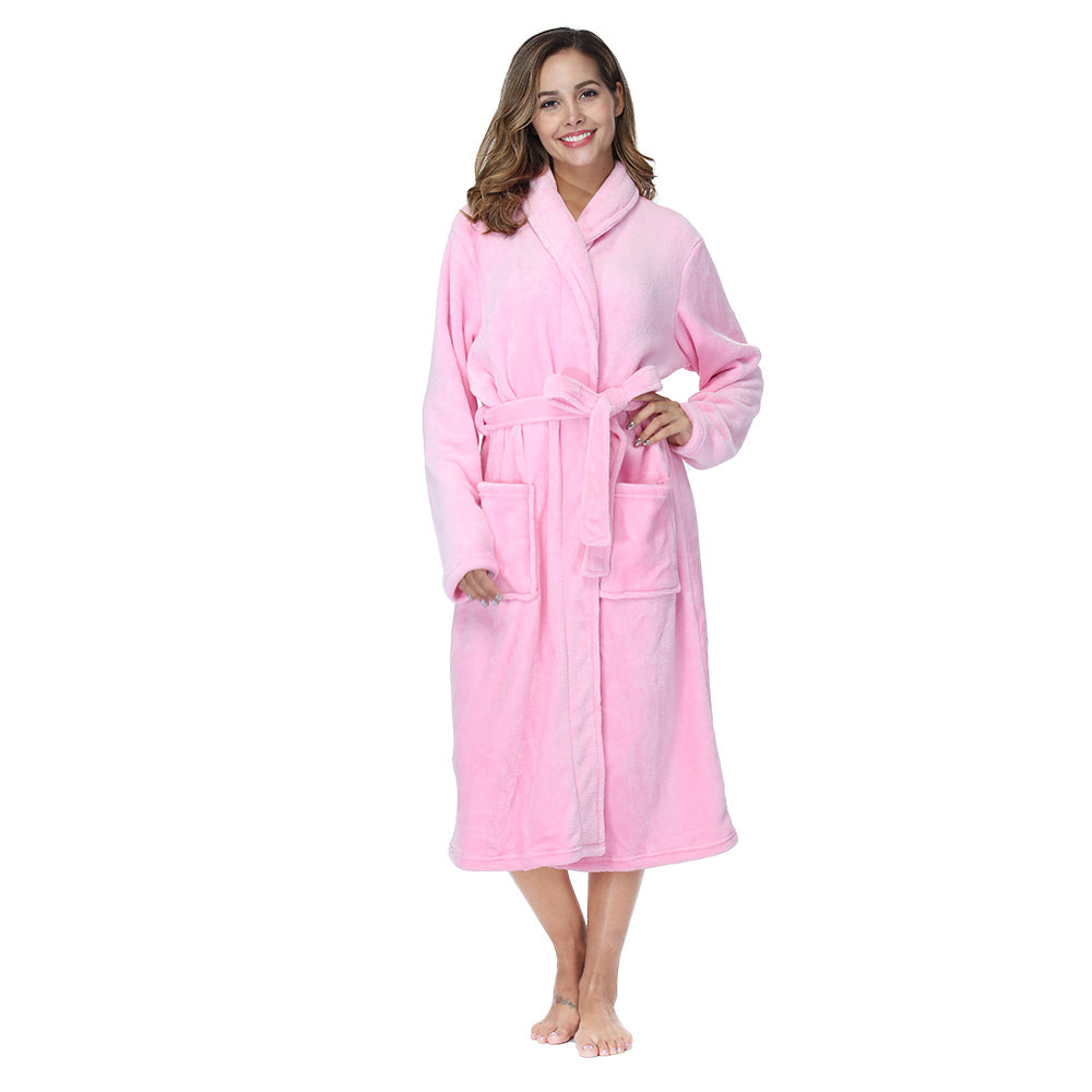 Light pink plush bathrobe, full length with tie belt and pocket details, standing