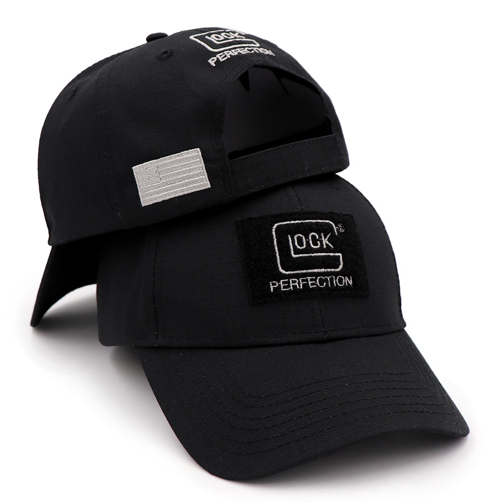 Black snapback baseball cap pair, front logo patch with “100K PERFECTION” text