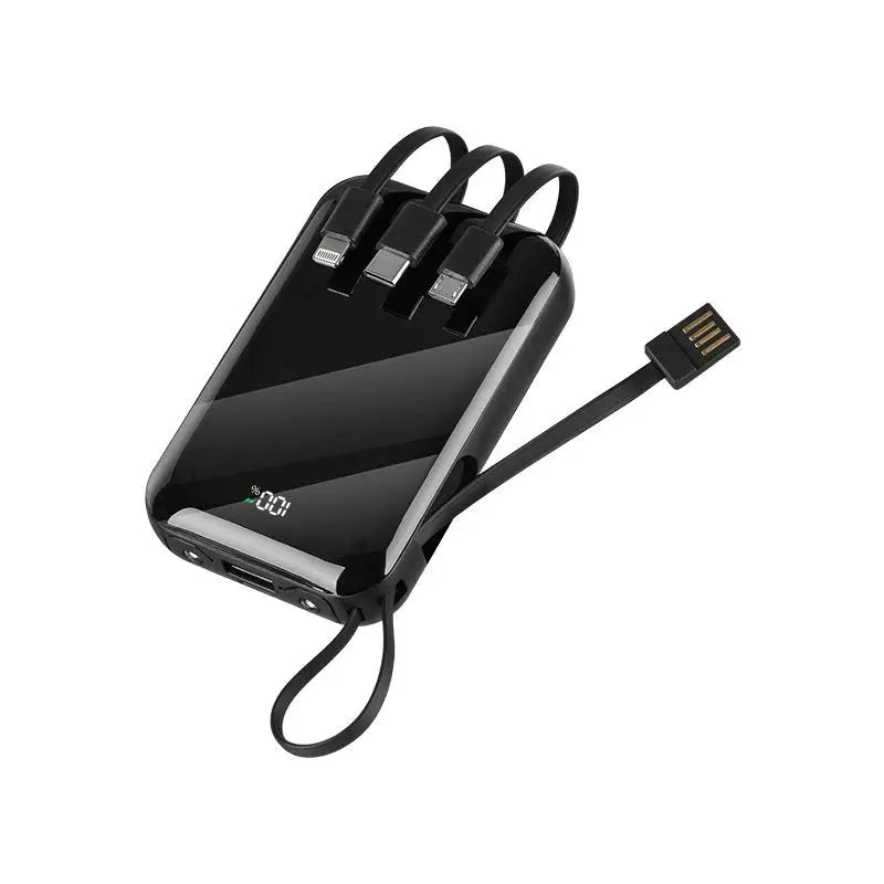 Black wireless power bank with lanyard, charging cable, and side USB ports.