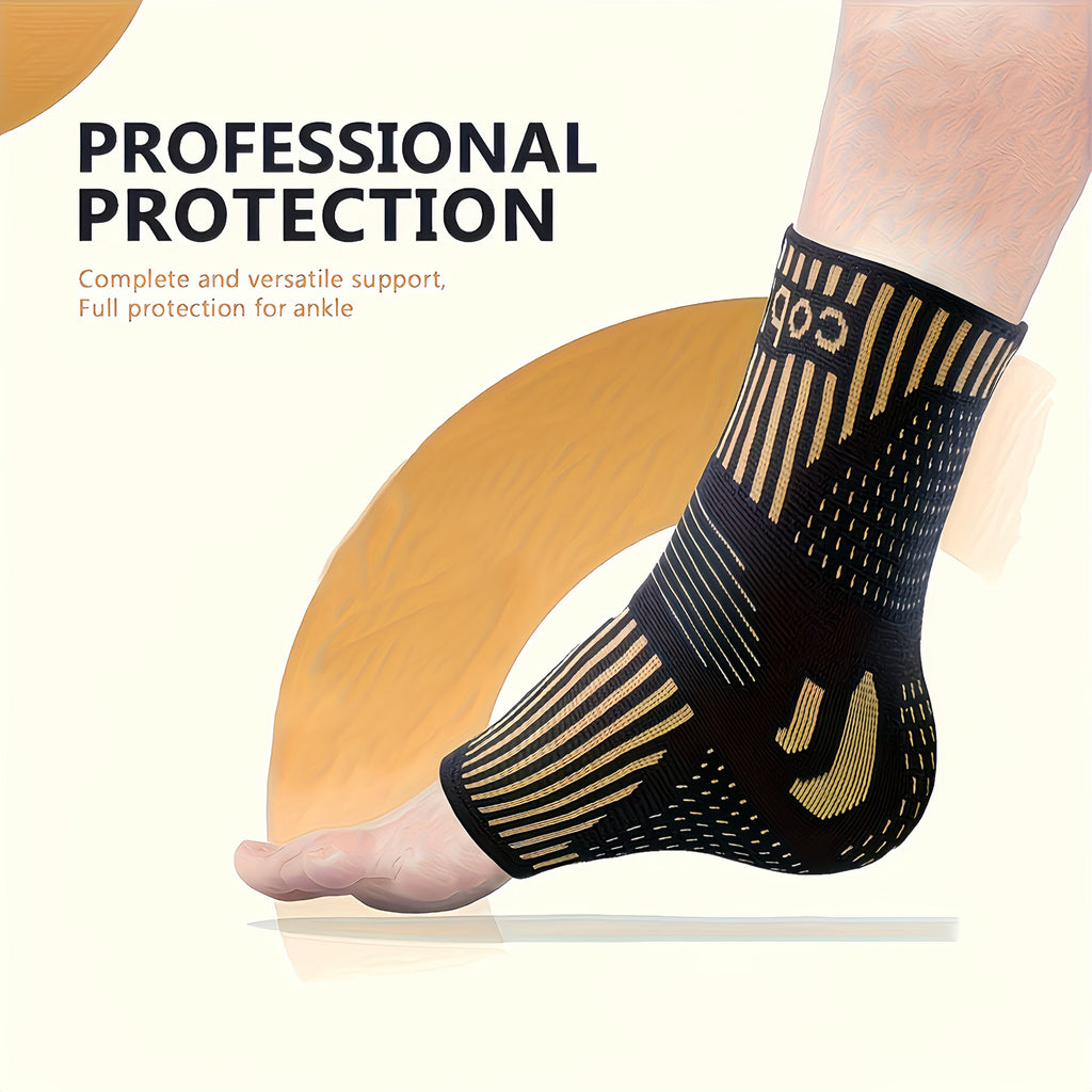 Black ankle support sleeve with gold copper arch and striped compressive knit
