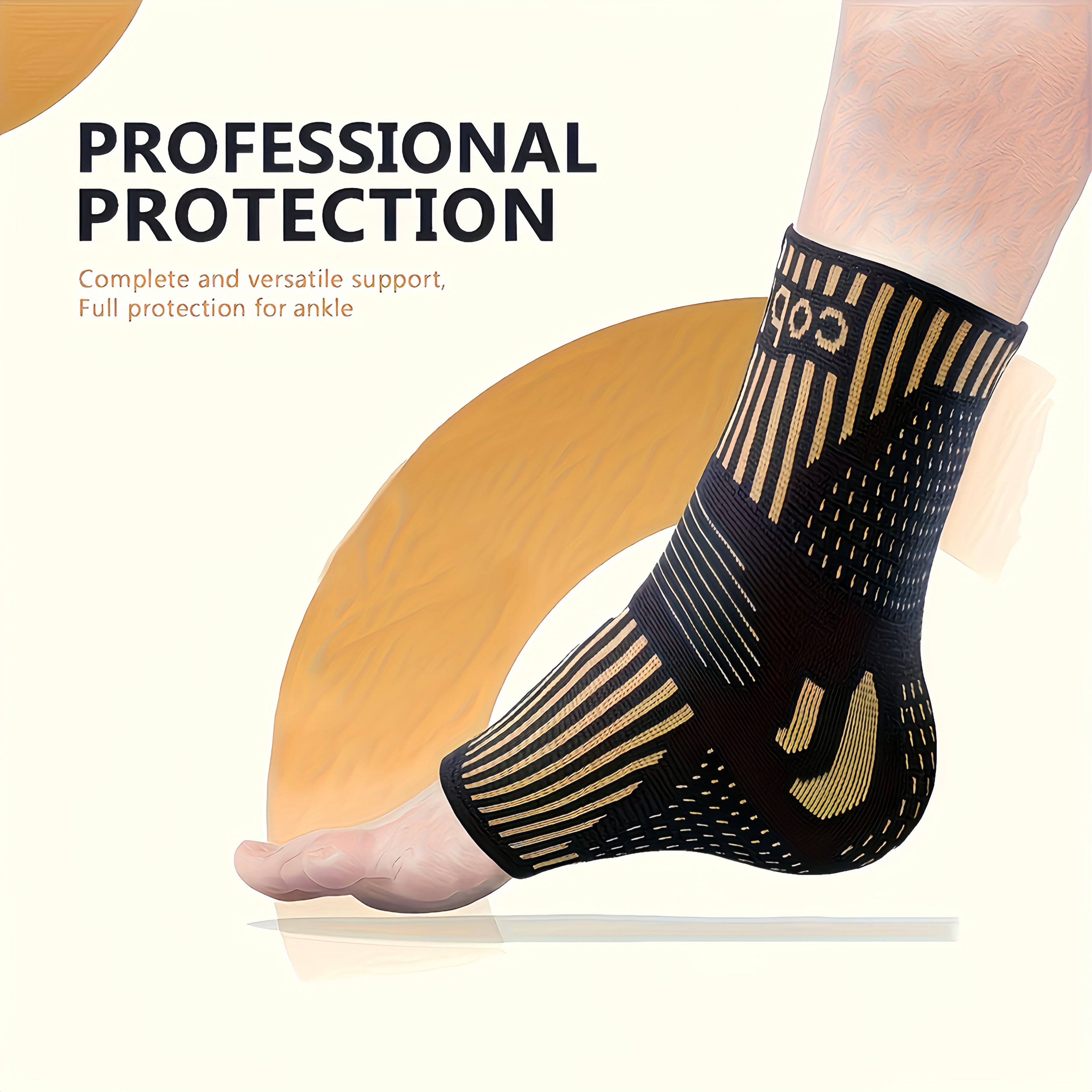 Black ankle support sleeve with gold copper arch and striped compressive knit