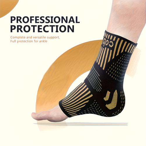 Black ankle support sleeve with gold copper arch and striped compressive knit
