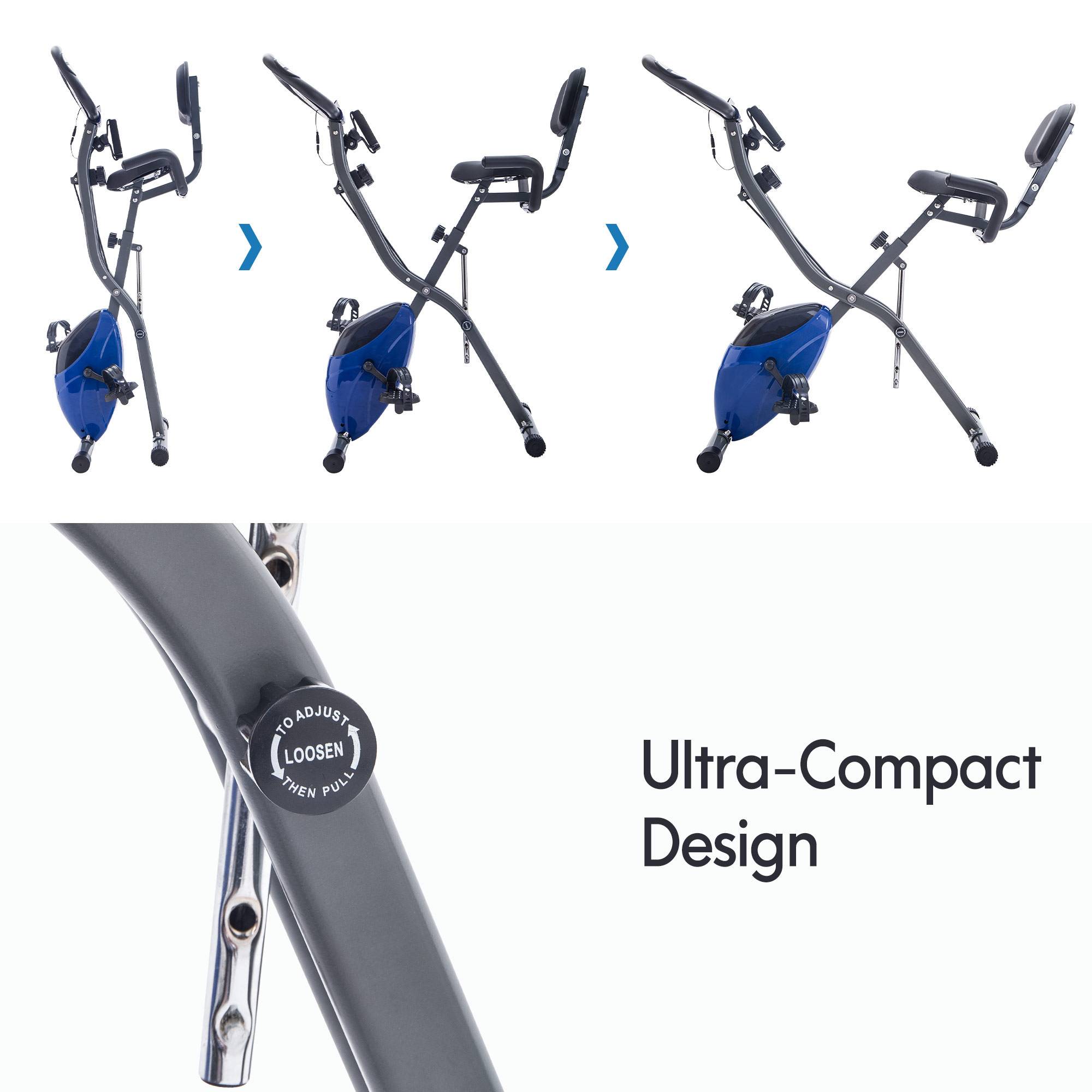 Folding exercise bike shown in multiple folded and upright positions