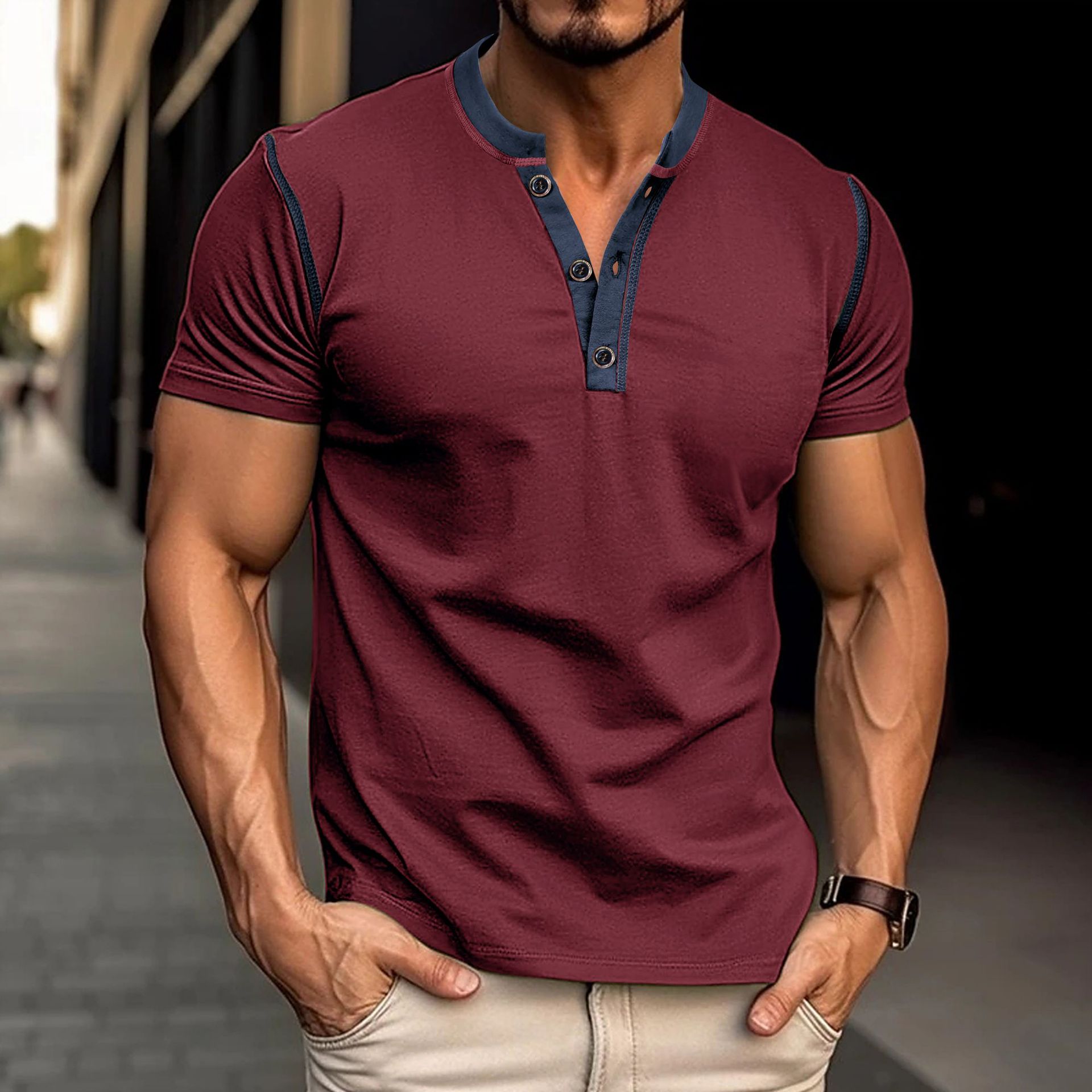 Men's v-neck button henley t-shirt, wine red with dark contrast placket and trim