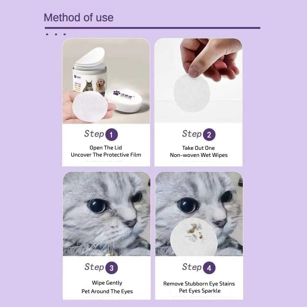 How to use Pet Eye Wipes: open lid, remove pad, wipe eyes, remove stain graphic