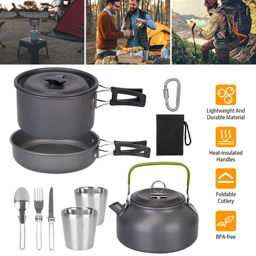 12-piece camping cookware set with grey aluminum pots, kettle, cups, utensils and pouch