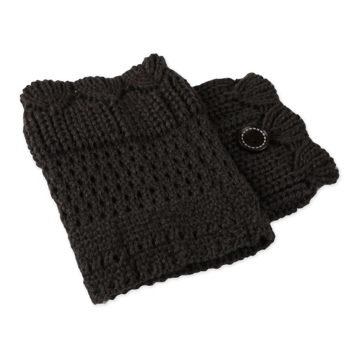 Dark gray crochet knit leg warmers with ribbed texture and round metal button