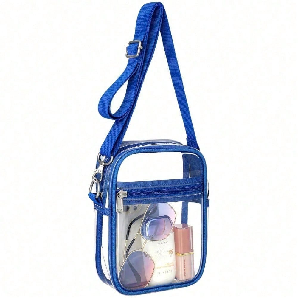 Blue clear crossbody bag with adjustable strap and front zip pocket