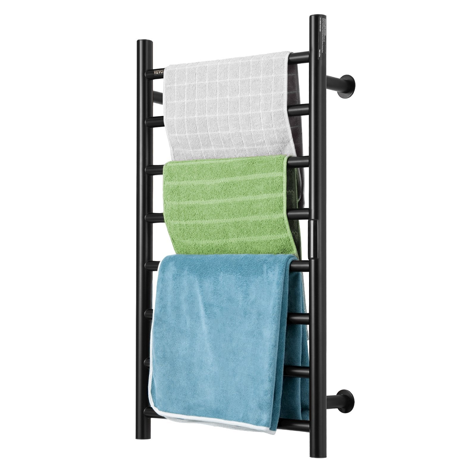Black heated towel rack with green, gray and blue towels on horizontal bars