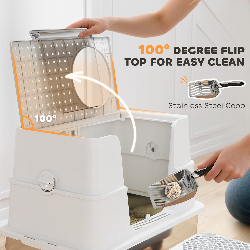 Litter box with flip-top lid raised, stainless steel scoop over tray; step and side access