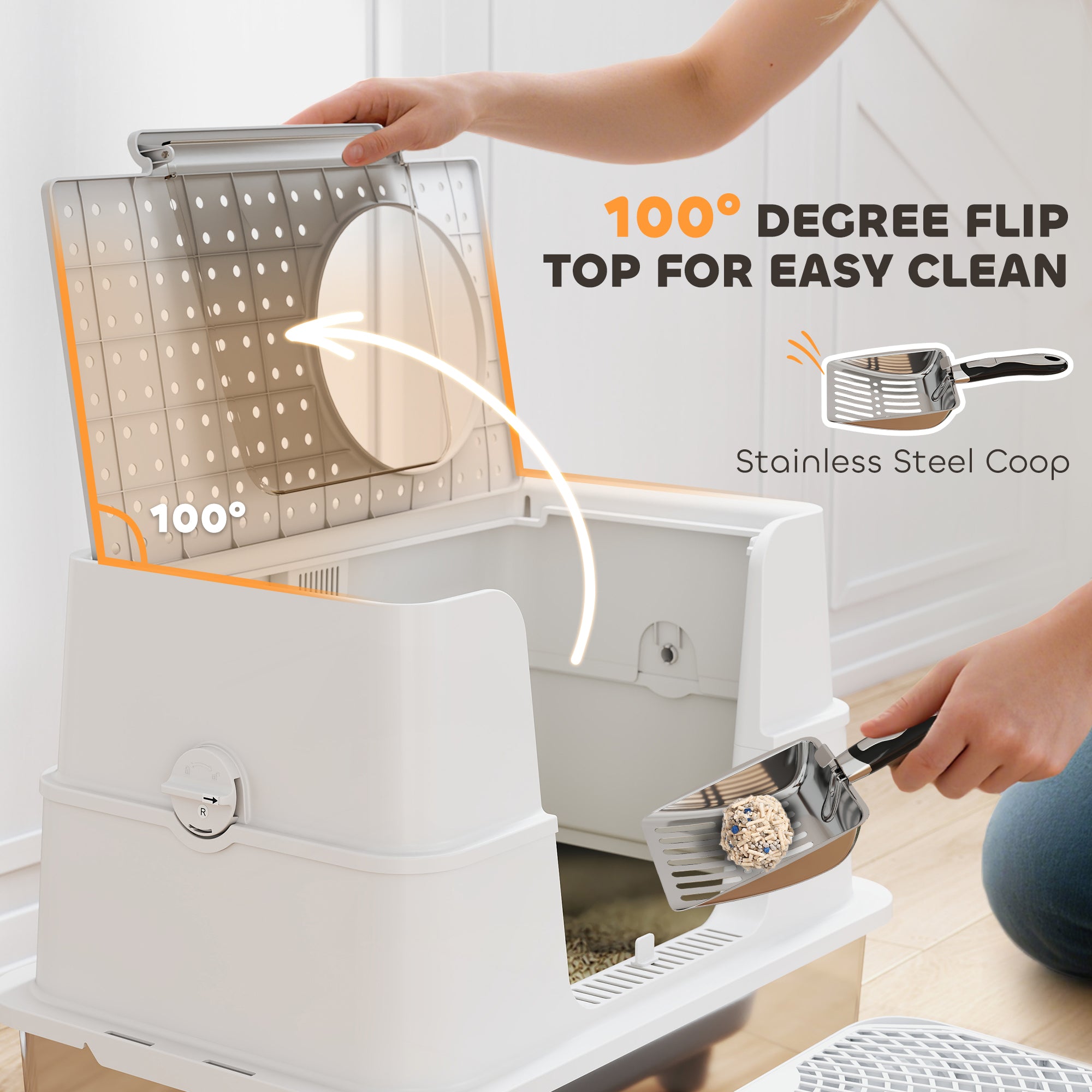 Litter box with flip-top lid raised, stainless steel scoop over tray; step and side access