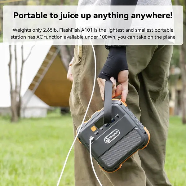 Portable power station held in hand, orange-and-black body with multiple output ports