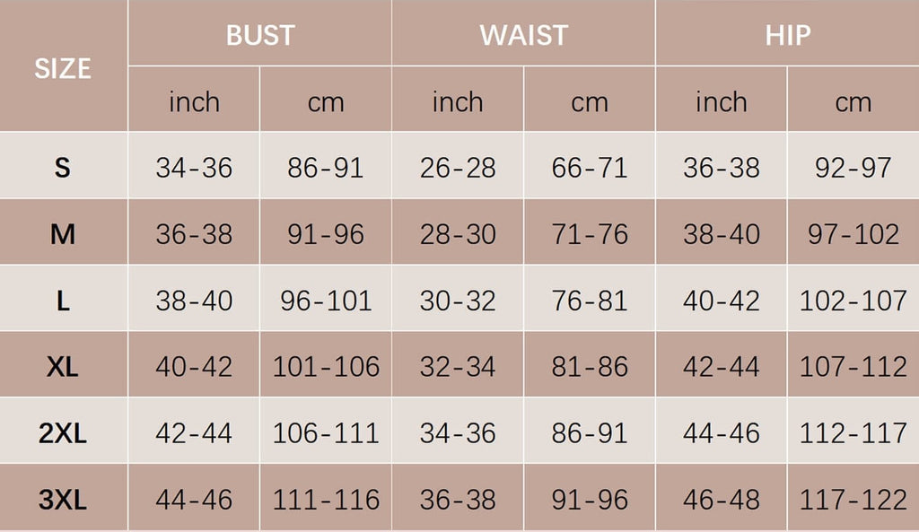 Size chart for bodysuit: bust, waist, and hip measurements in inches and cm