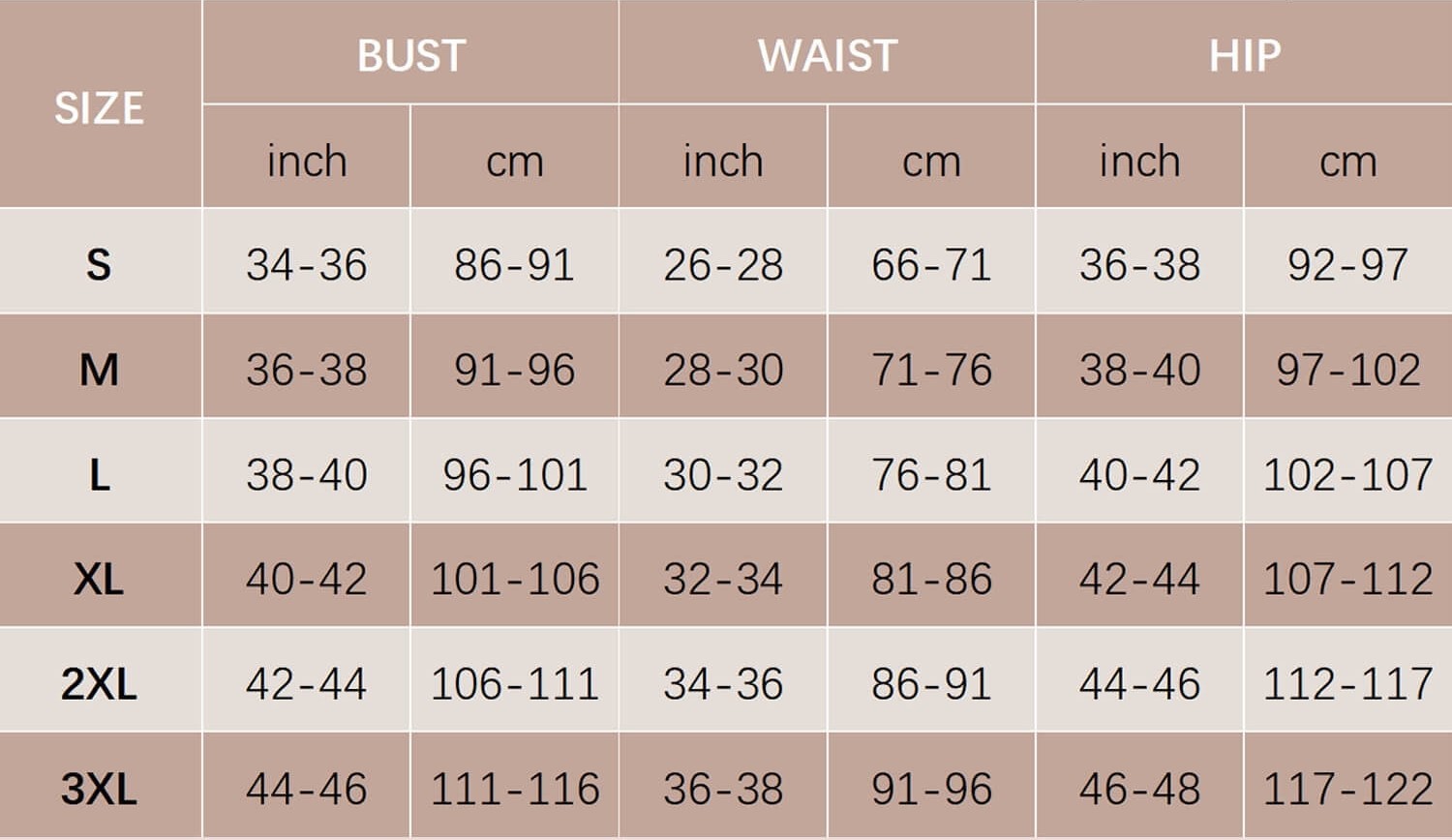 Size chart for bodysuit: bust, waist, and hip measurements in inches and cm