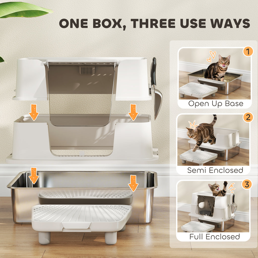 Litter box with open tray and base, plus enclosed door variations and perforated ramp step