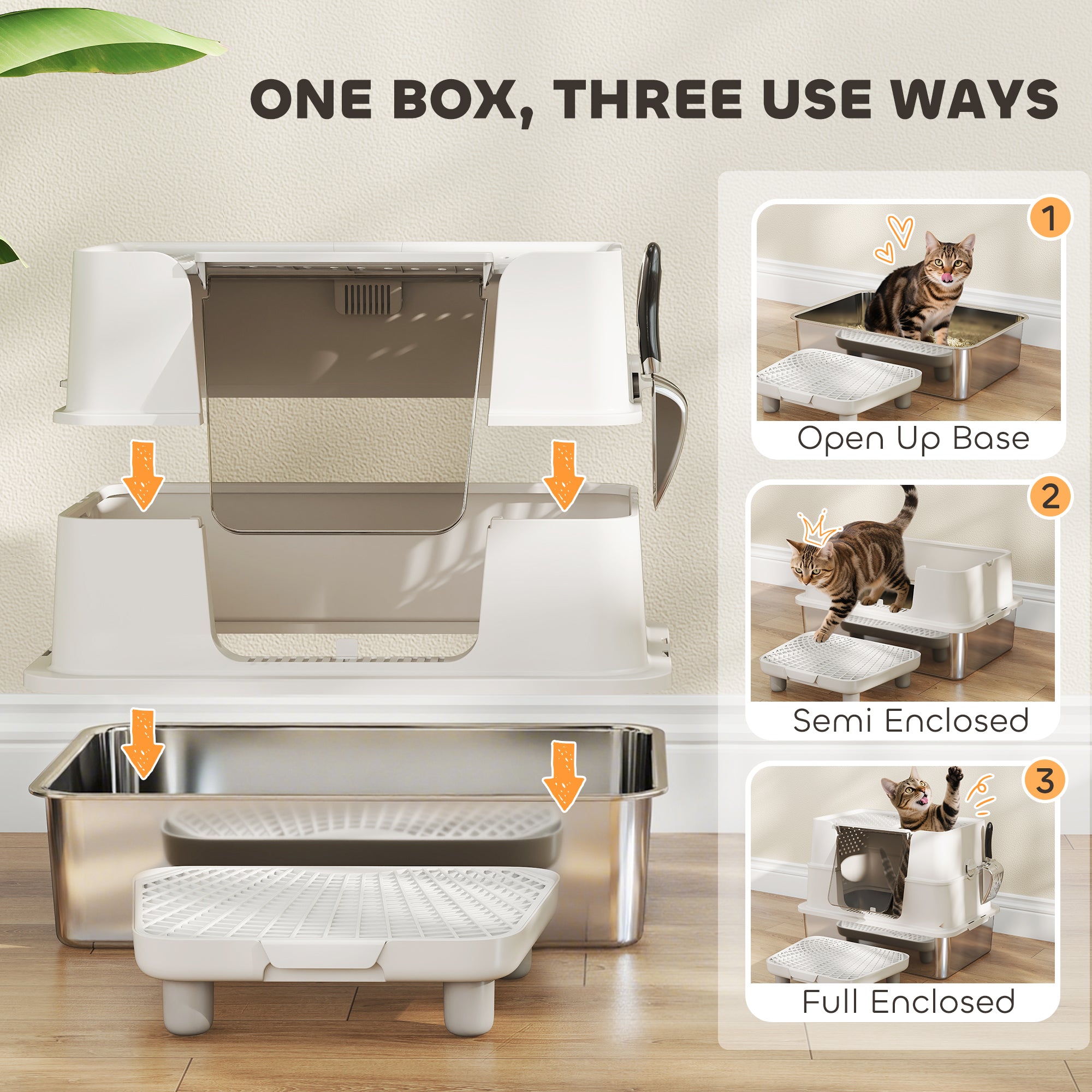 Litter box with open tray and base, plus enclosed door variations and perforated ramp step