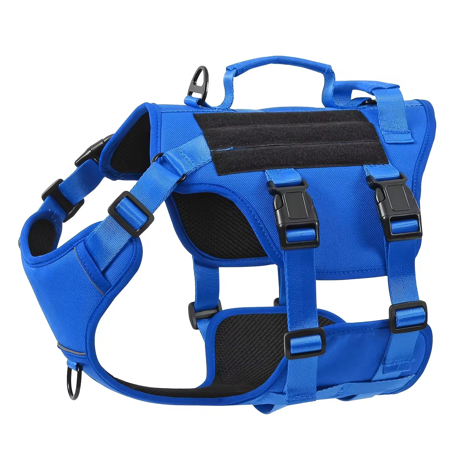 Blue tactical no-pull dog harness vest with front and back buckles