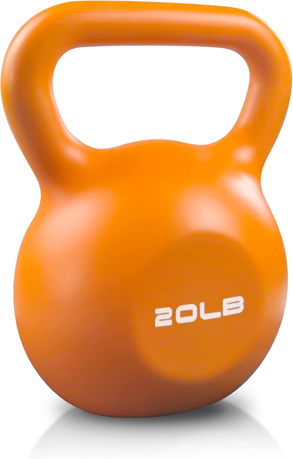 Orange vinyl coated kettlebell with 20LB label, close-up handle and body