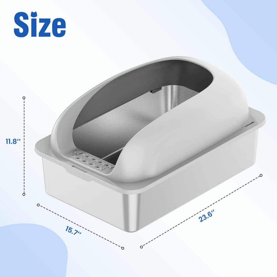 Large cat litter box with lid, white base and hood, open entrance